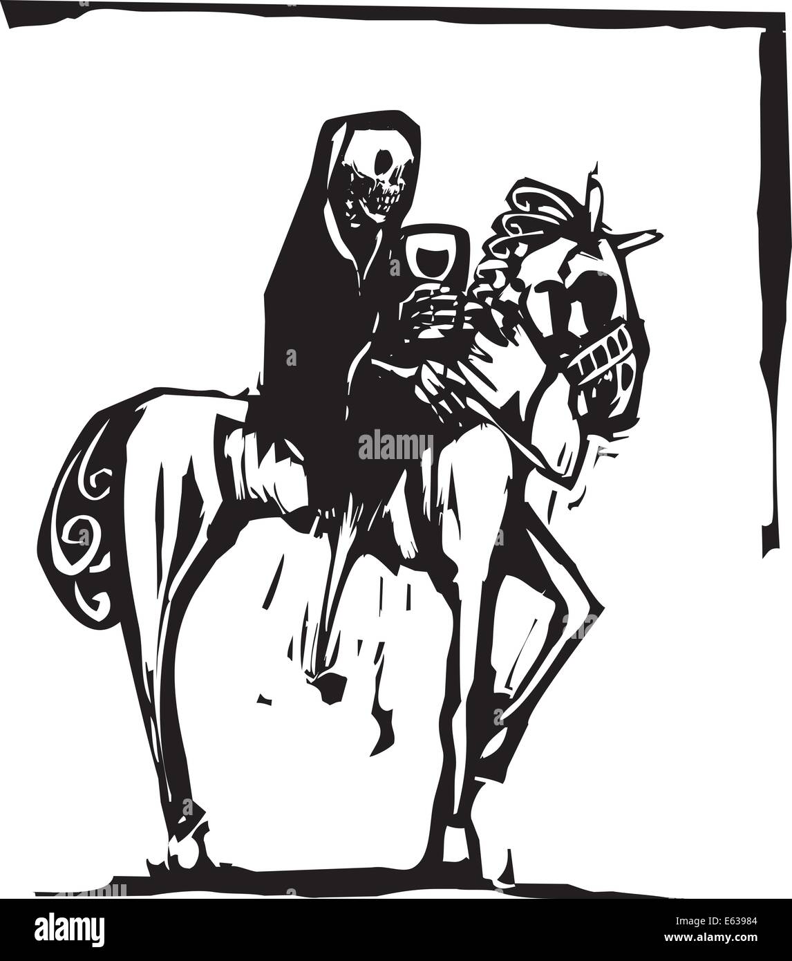 Image style gravure sur bois du squelette mort montant un cheval et boire du vin. Illustration de Vecteur
