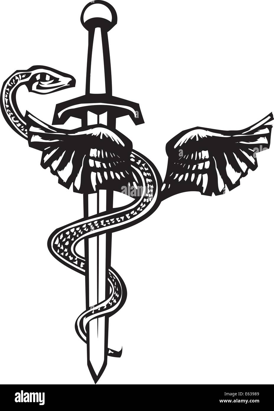 Woodcut image du dieu serpent à plumes Mayas Kukulcan entrelacés autour d'une épée. Illustration de Vecteur