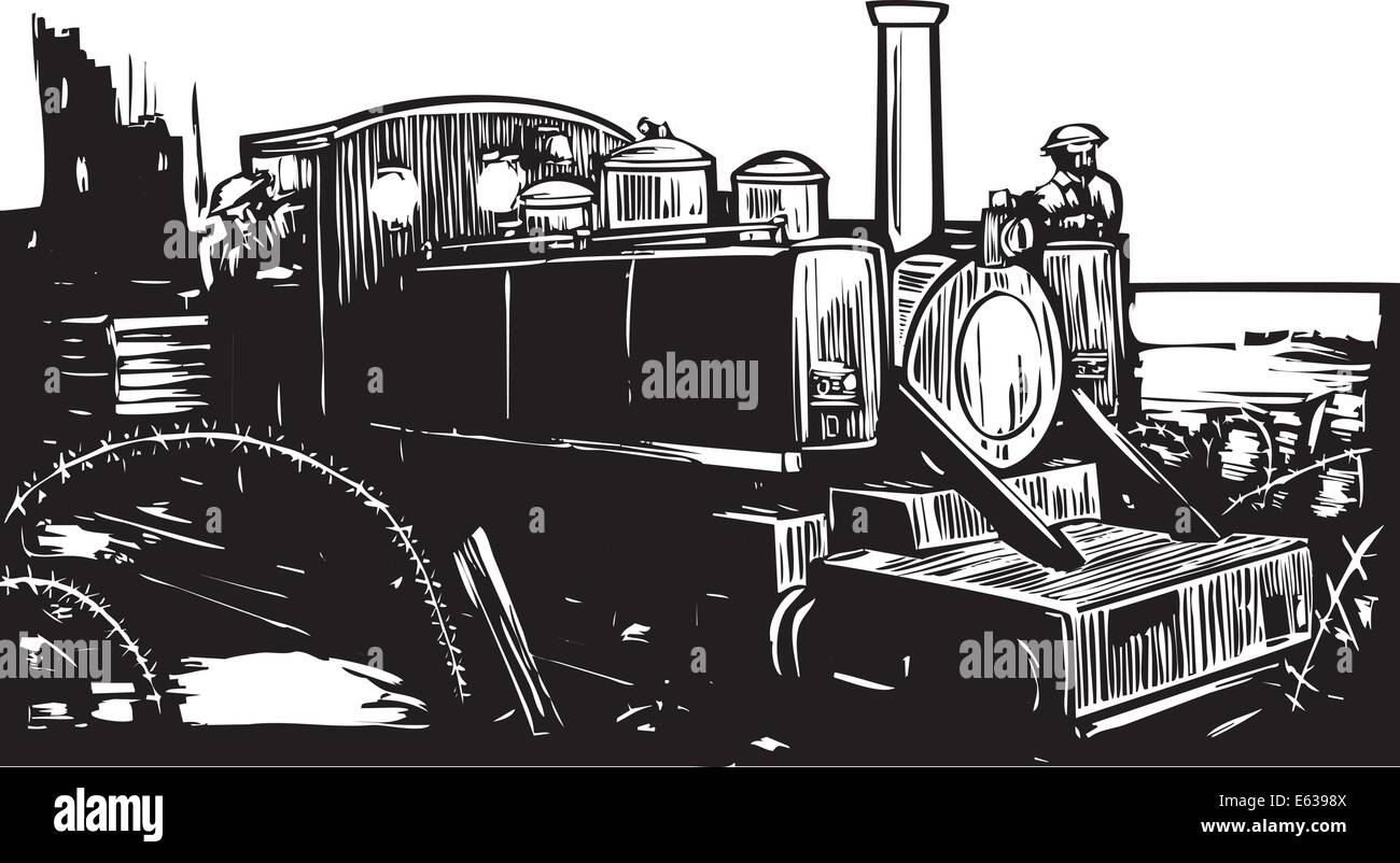 Woodcut style World War One style light rail train locomotive sur le champ de bataille. Illustration de Vecteur