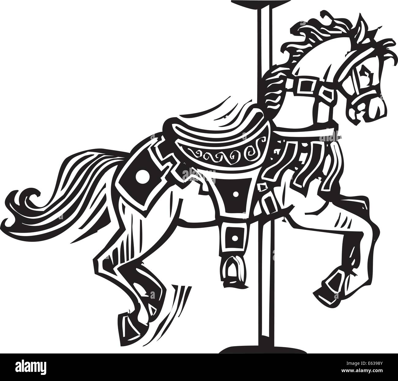 Image style gravure sur bois d'un cheval de manège en bois Illustration de Vecteur