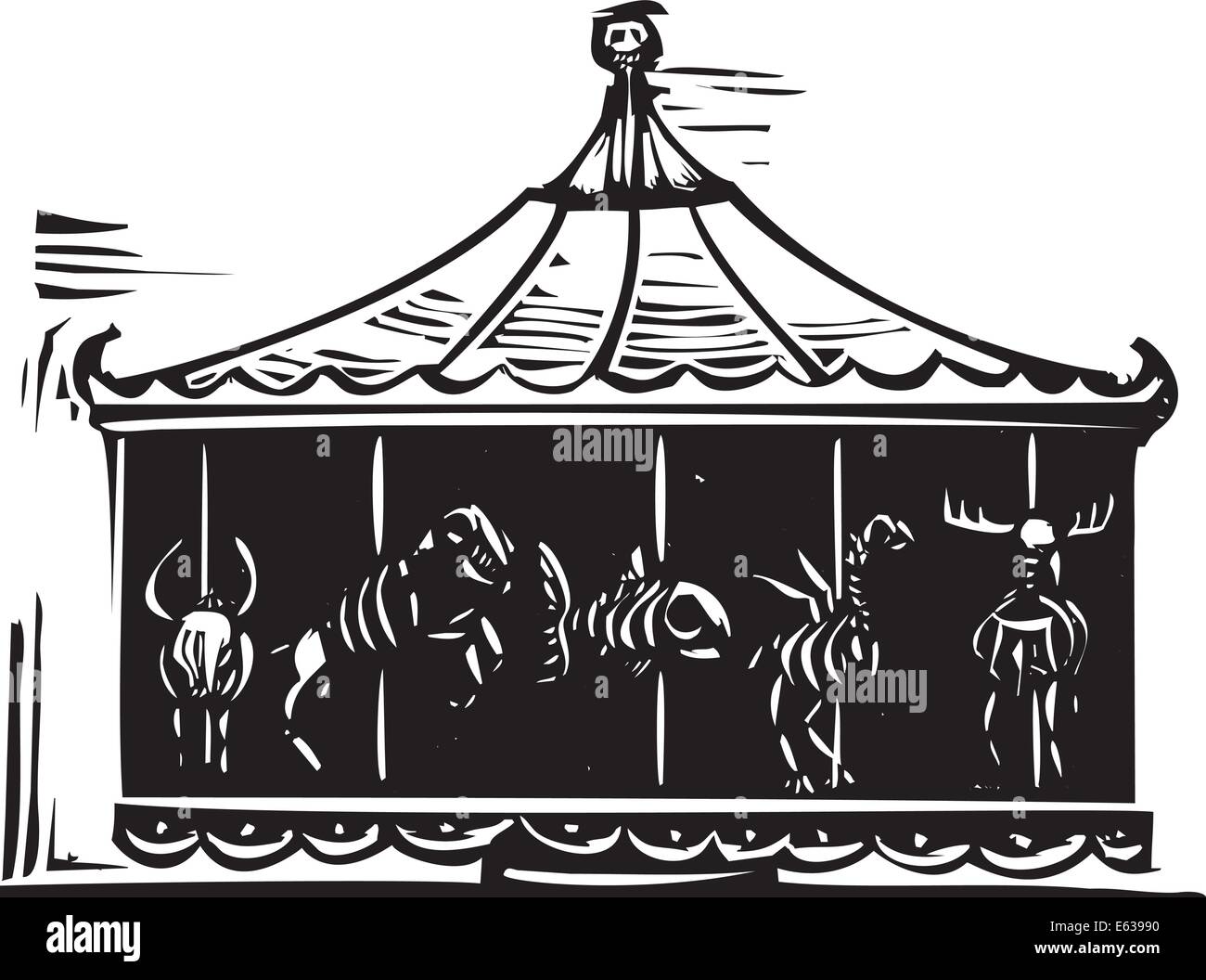 Gravure sur bois de style libre expressionniste cirque un carrousel avec des squelettes d'animaux Illustration de Vecteur
