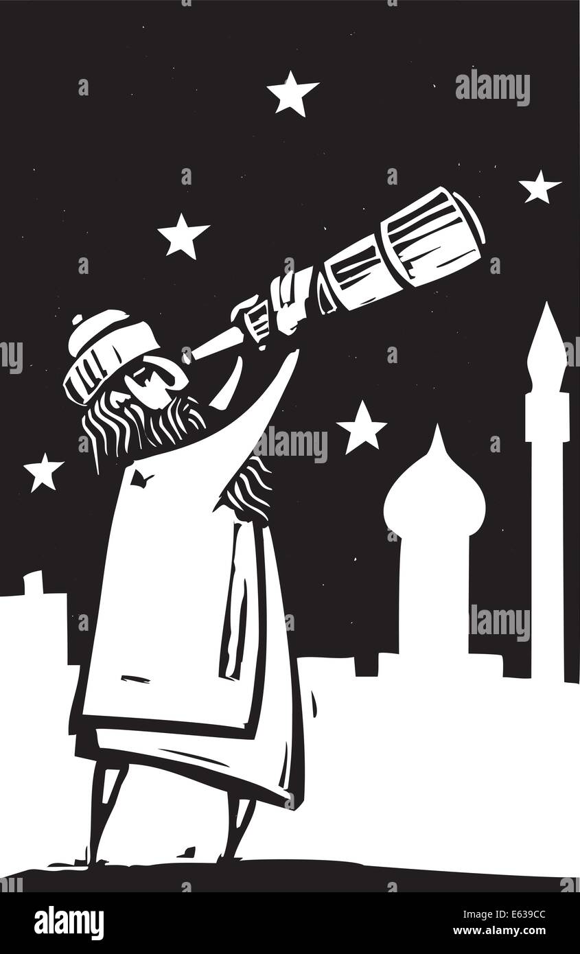 L'homme islamique avec un télescope balaye le ciel. Illustration de Vecteur