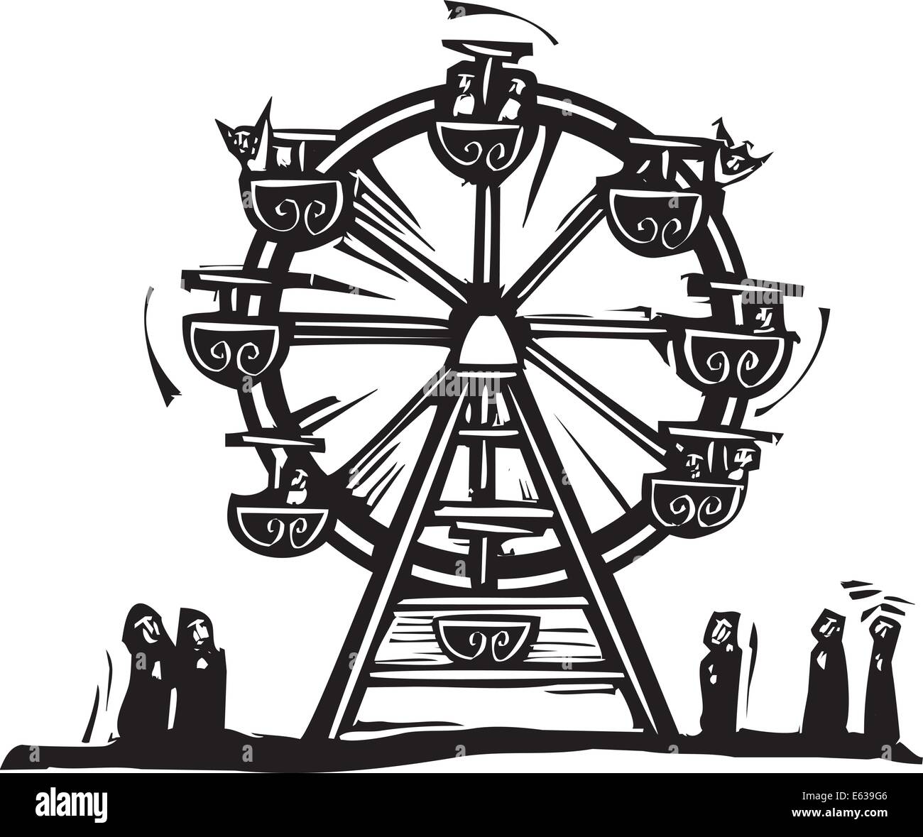 Gravure sur bois de style libre expressionniste cirque une grande roue. Illustration de Vecteur
