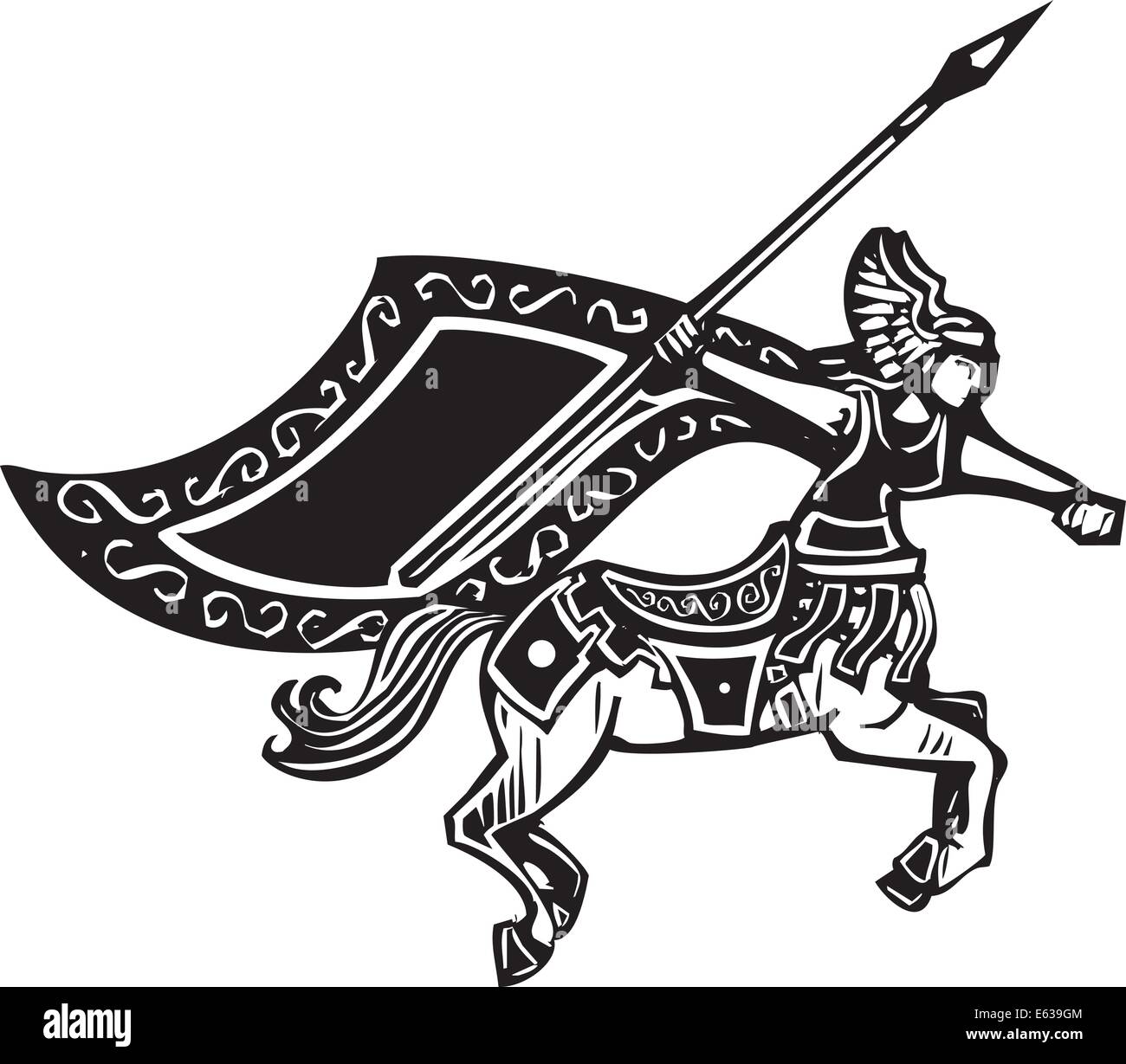Image style gravure sur bois d'un centaure femelle avec une lance. Illustration de Vecteur