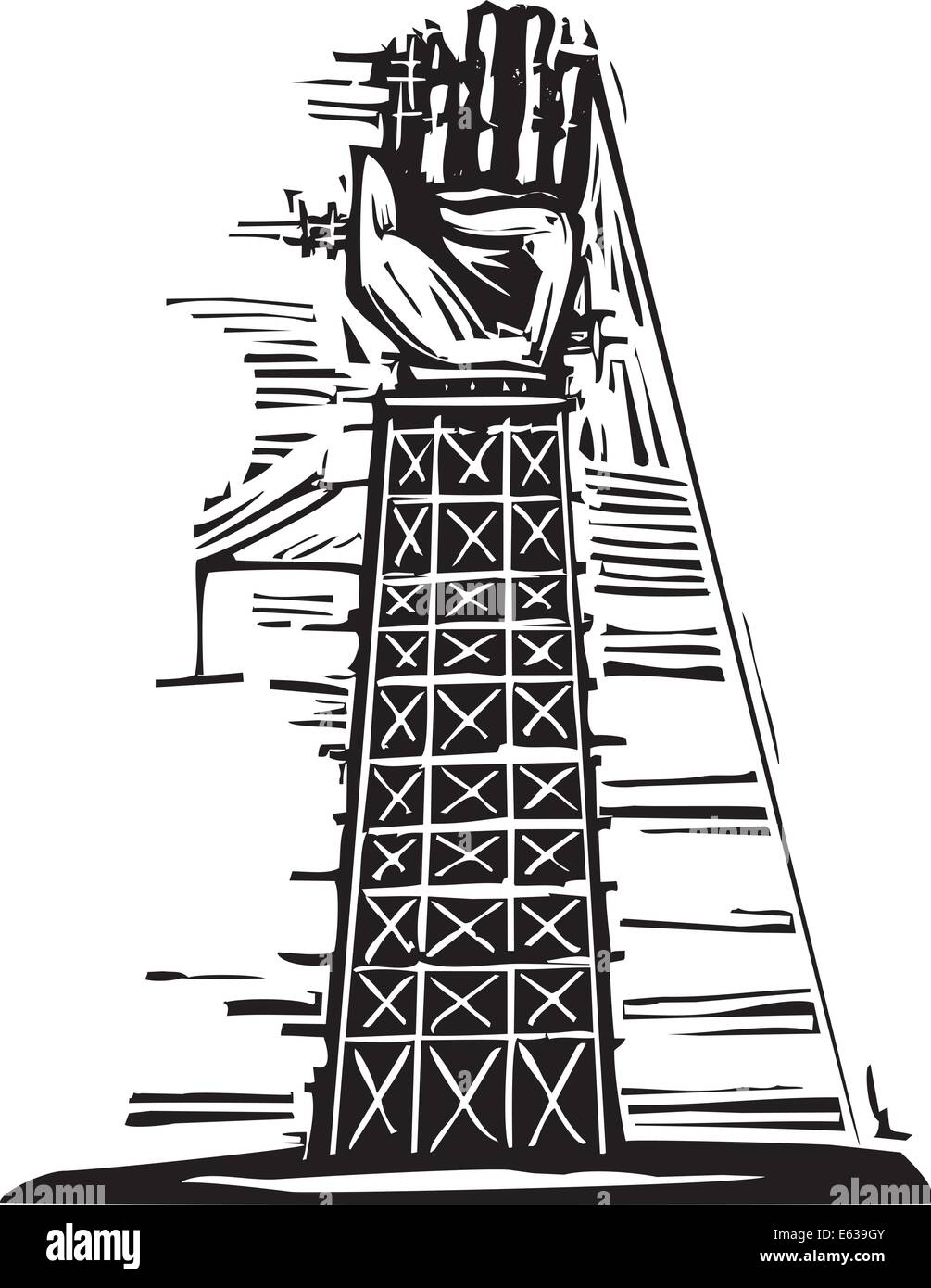Gravure sur bois, image d'un tour où un géant et de la main sont en cours de construction. Illustration de Vecteur