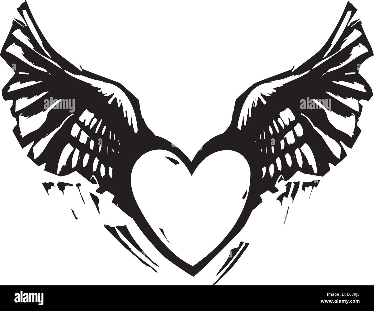 Gravure sur bois en noir et blanc de style libre un coeur avec des ailes. Illustration de Vecteur