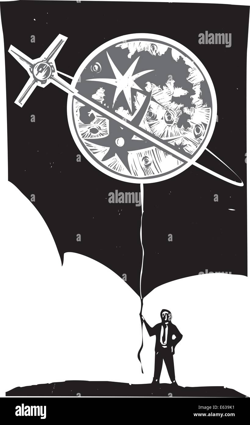 Image style gravure sur bois d'un homme dans un costume d'affaires tenant un ballon en forme de lune avec un satellite en orbite Illustration de Vecteur
