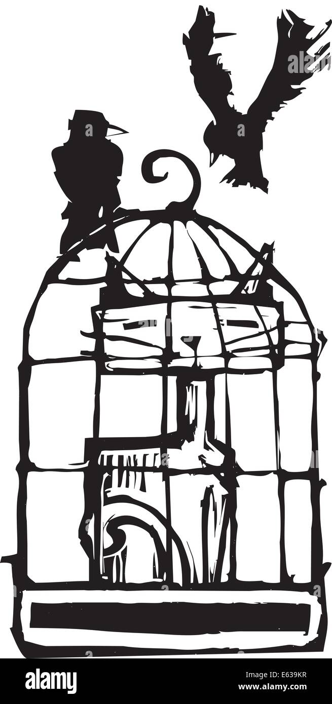 Chat dans une cage avec deux oiseaux. Illustration de Vecteur