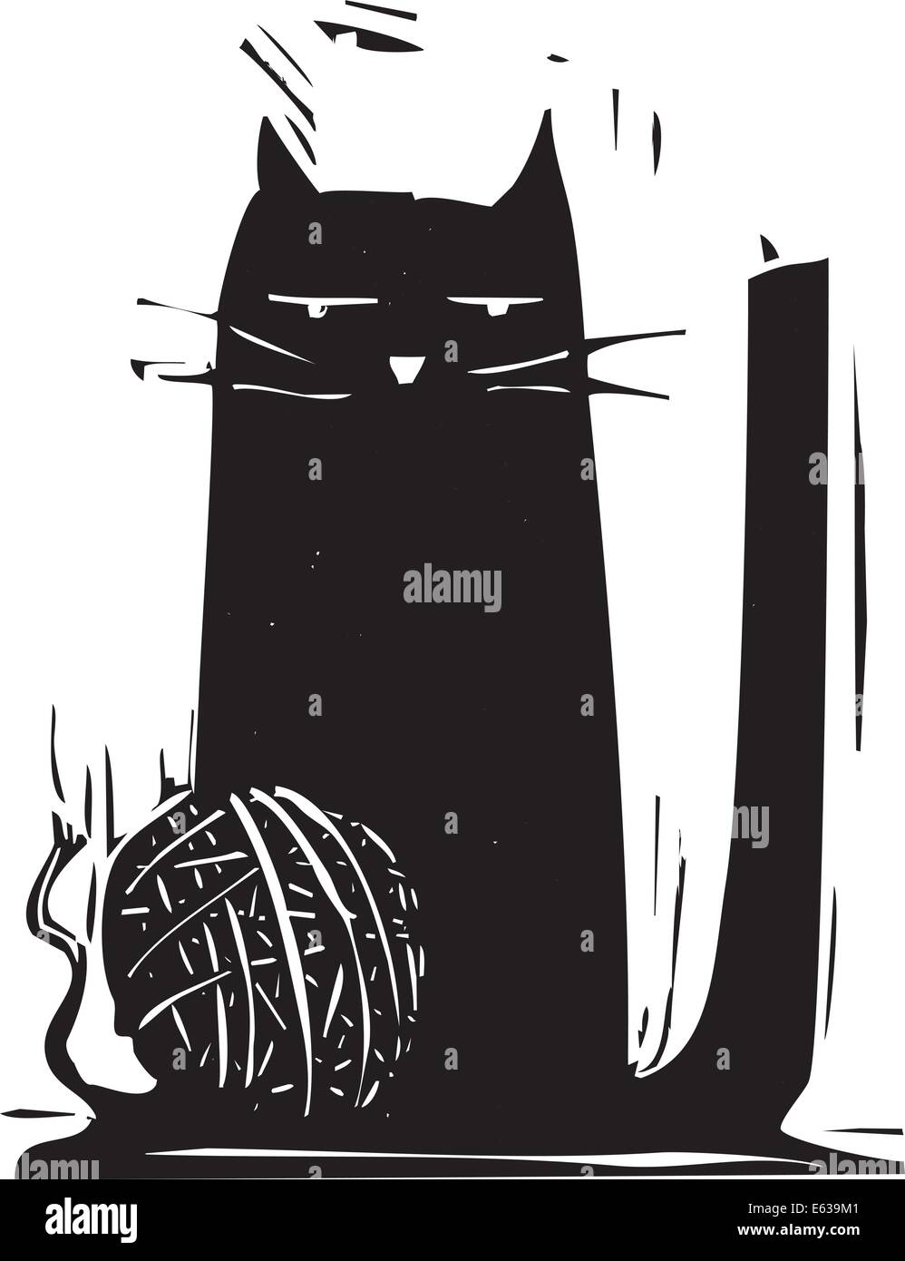 Chat noir simple avec une pelote de laine. Illustration de Vecteur