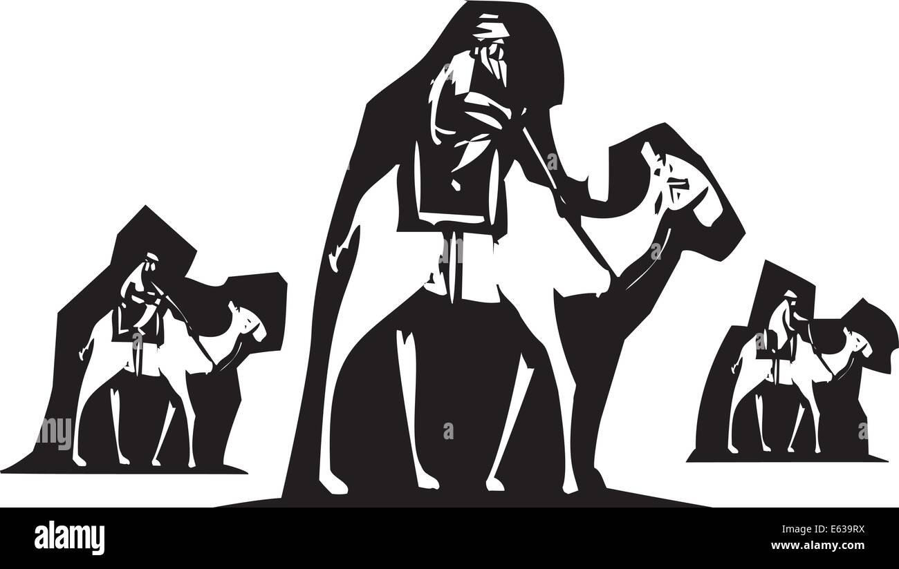 Image style gravure sur bois de trois hommes sur dos de chameau. Illustration de Vecteur