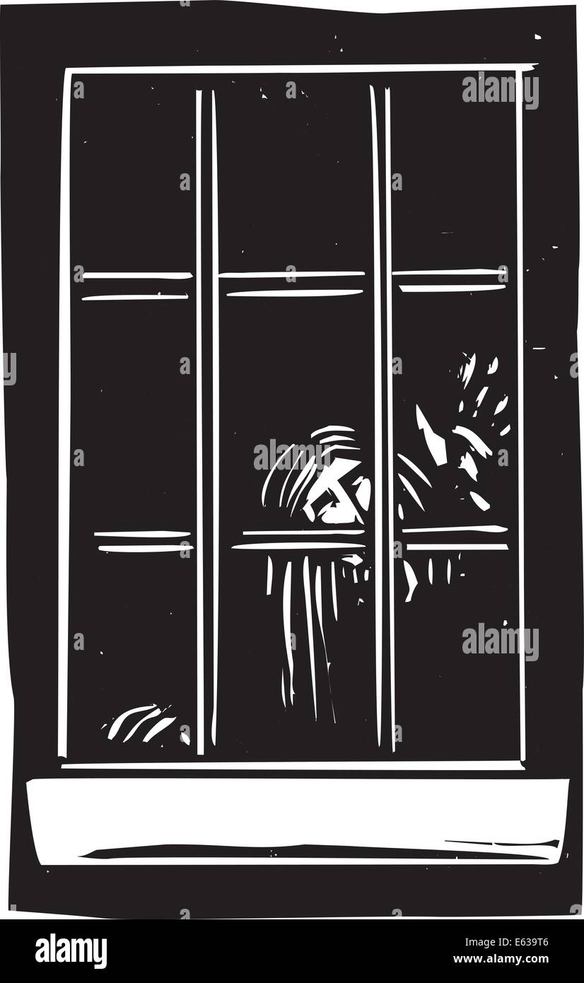 Woodcut style expressionniste de droit d'un fantôme à une fenêtre. Illustration de Vecteur