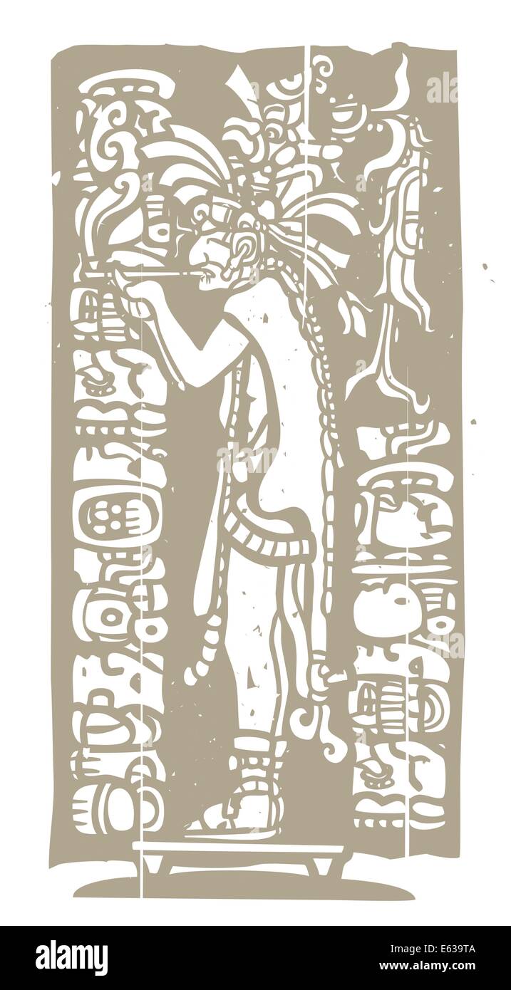 Dieu maya en peau de jaguar fume une pipe en droit dérivé de temple maya traditionnel d'imagerie. Illustration de Vecteur