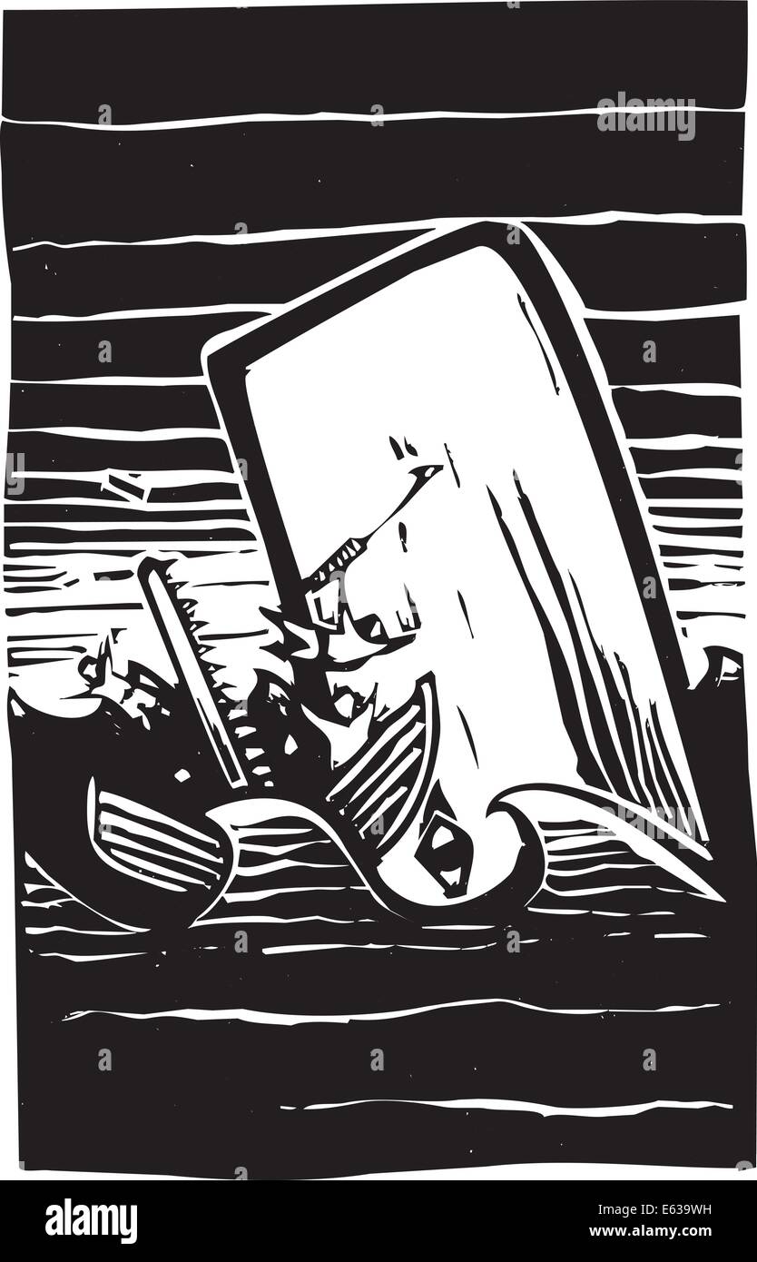 Woodcut style expressionniste de droit d'une baleine la destruction d'un bateau de pêche à la baleine. Illustration de Vecteur