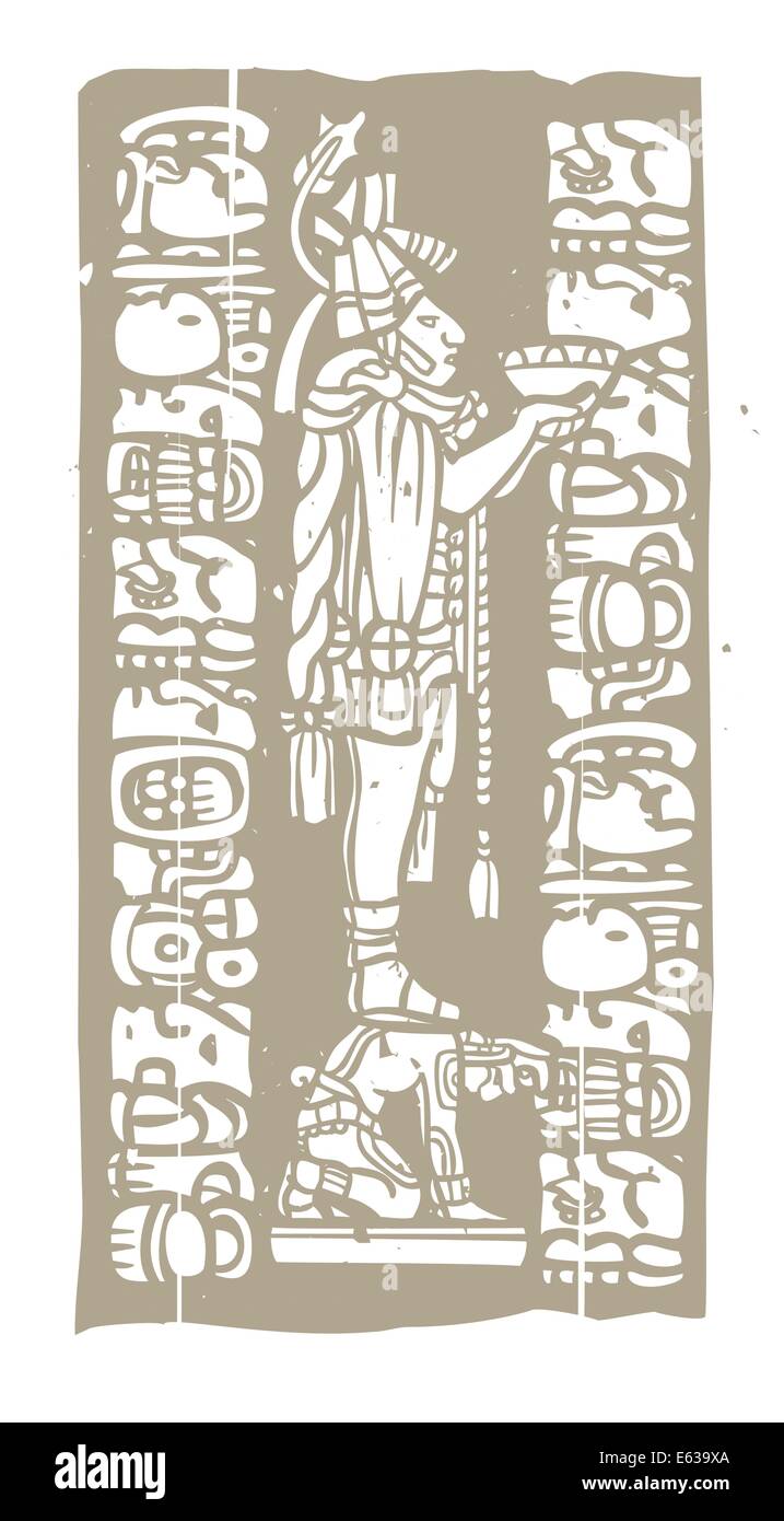 Prêtre maya avec bol en offrant de droit dérivé de temple maya traditionnel d'imagerie. Illustration de Vecteur