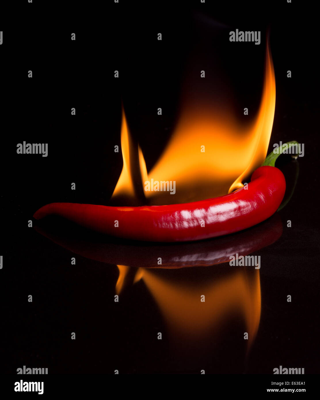 Hot Pepper - Chili et les flammes sur fond noir low key. Banque D'Images