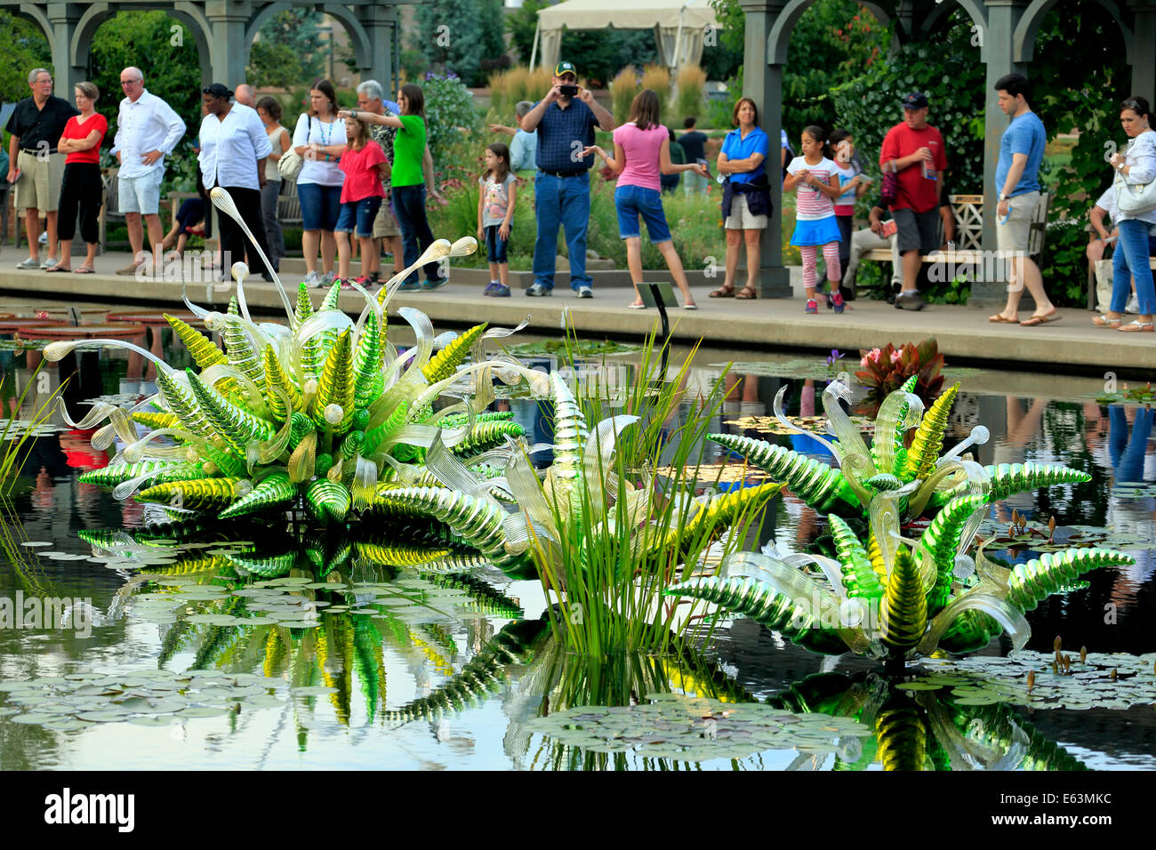 Les gens et les détails de 'Monet' Fiori Piscine, sculpture de verre par Dale Chihuly, Monet Piscine, jardins botaniques de Denver, Denver, Colorado Banque D'Images