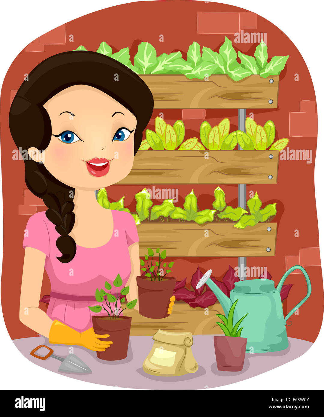 Illustration d'une fille qui tend à son Jardin Vertical principalement composé de légumes Banque D'Images