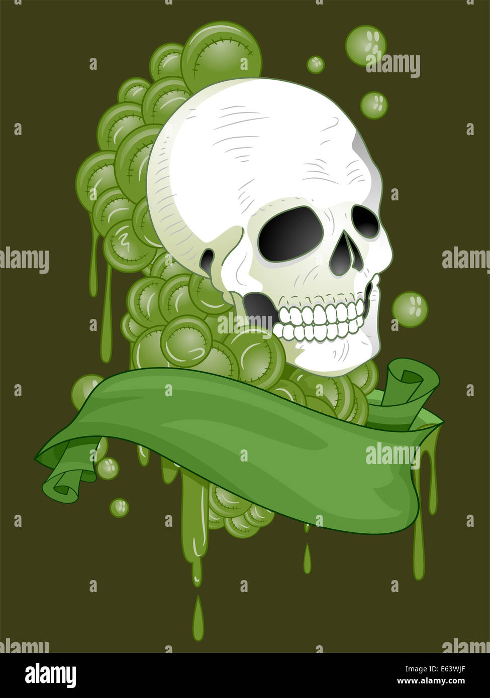 Illustration d'une conception de tatouage avec un crâne avec un ruban vert enroulé autour d'elle Banque D'Images