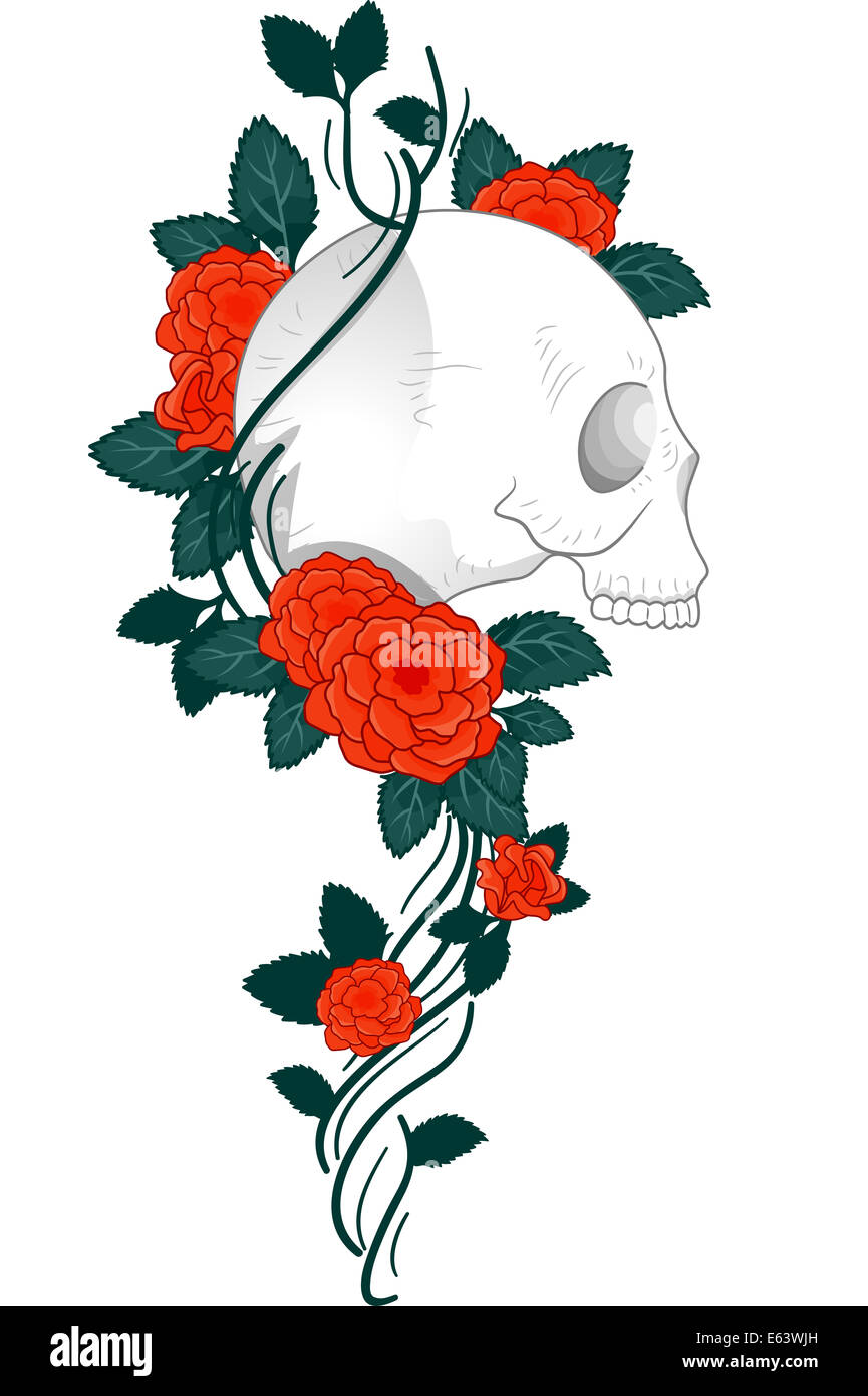 Illustration d'une conception de tatouage avec un crâne de vignes et de Roses enroulé autour d'elle Banque D'Images