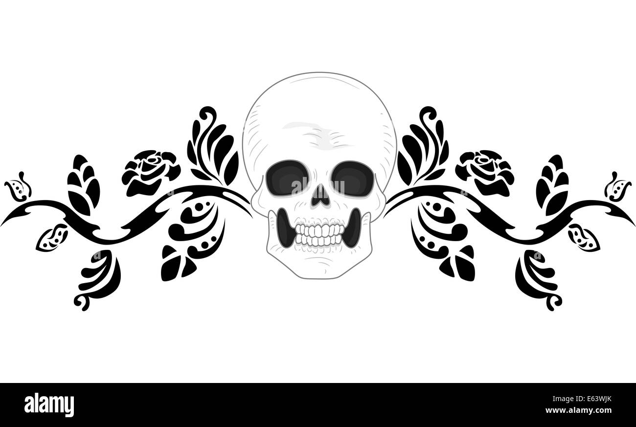 Illustration d'un pochoir Tattoo Design doté d'un crâne entouré de vignes noir Banque D'Images