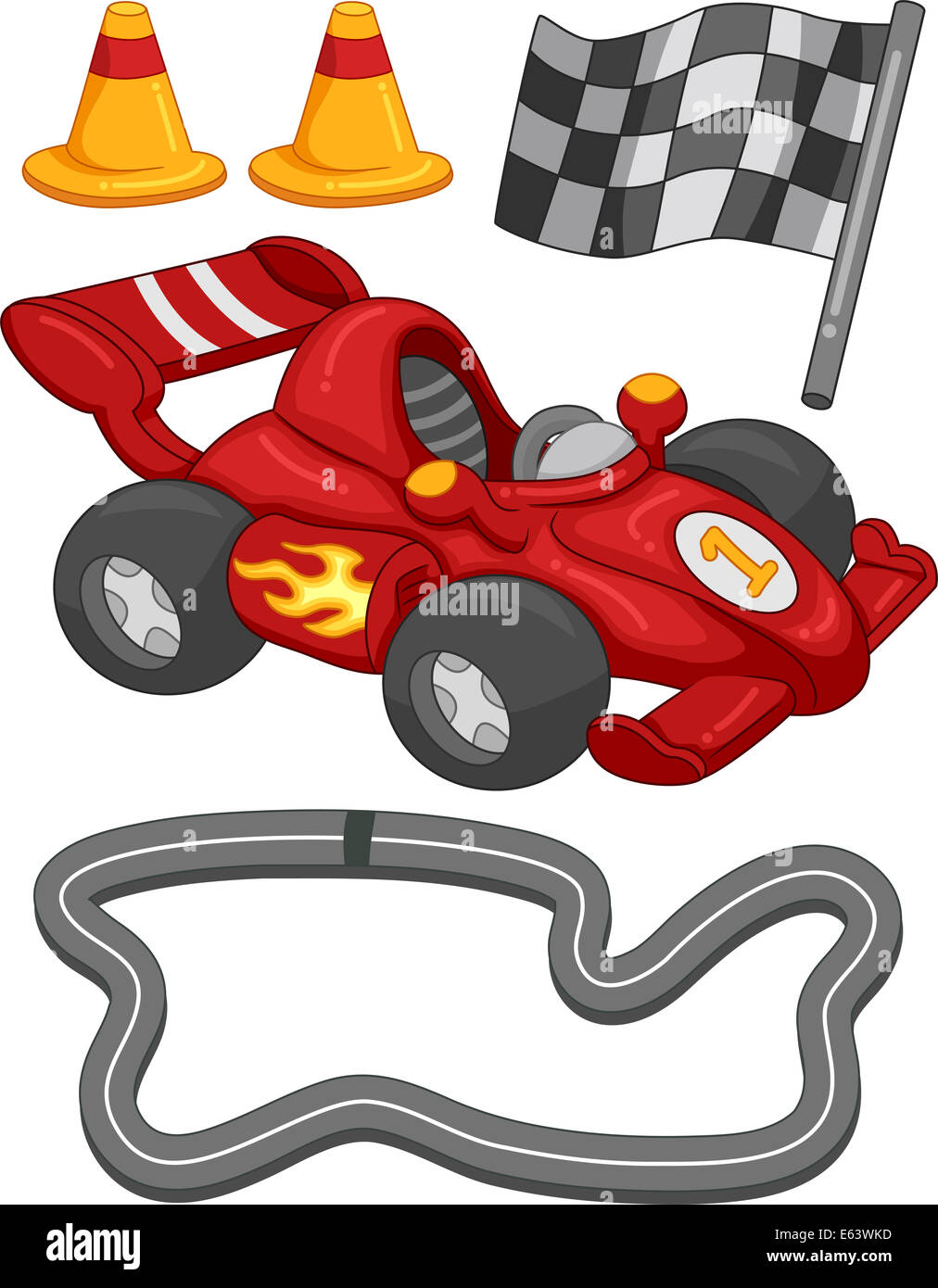 Illustration présentant différents éléments de voiture de course Banque D'Images