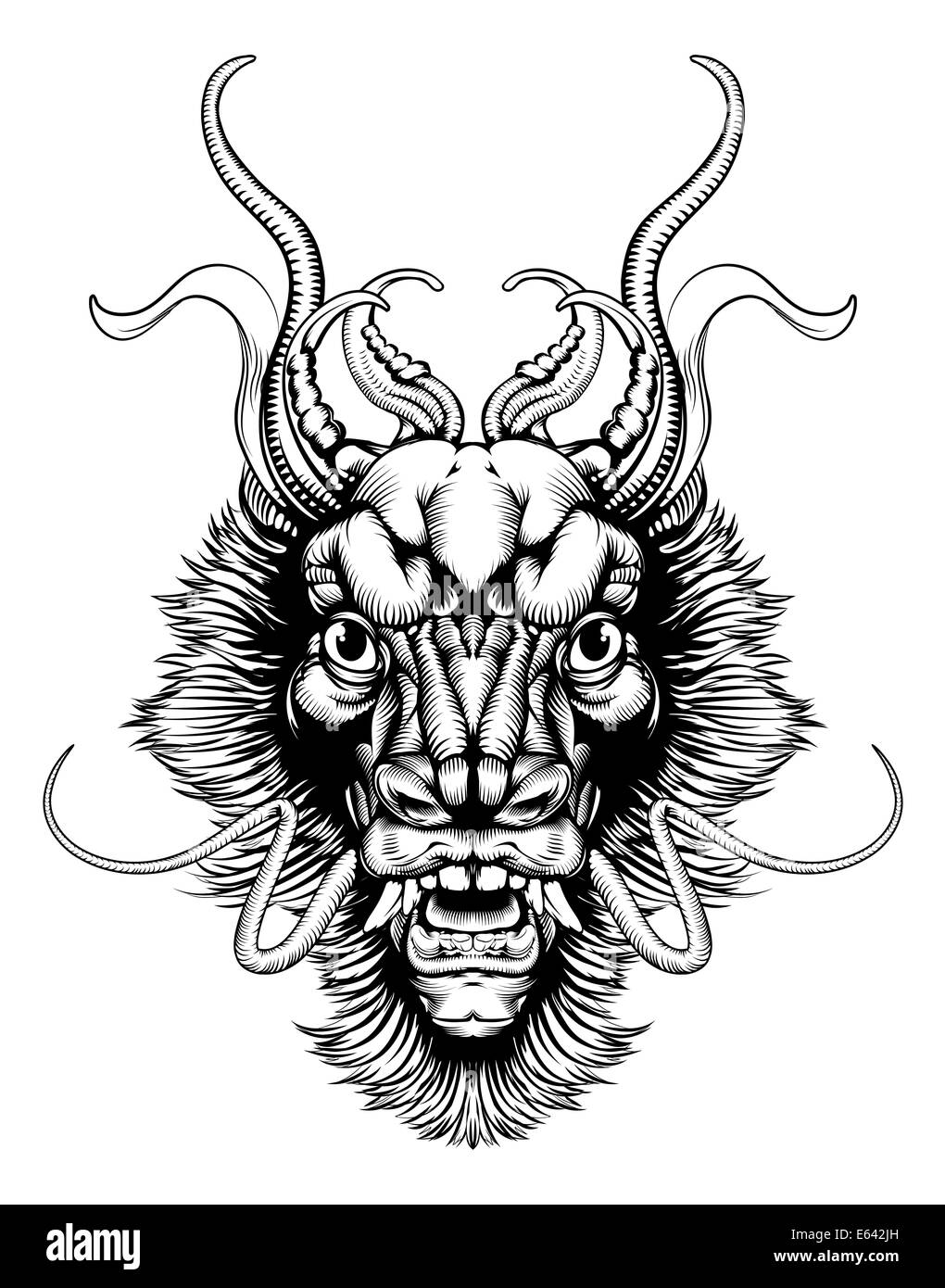 Une illustration originale d'une tête de dragon dans un style vintage sur bois Banque D'Images