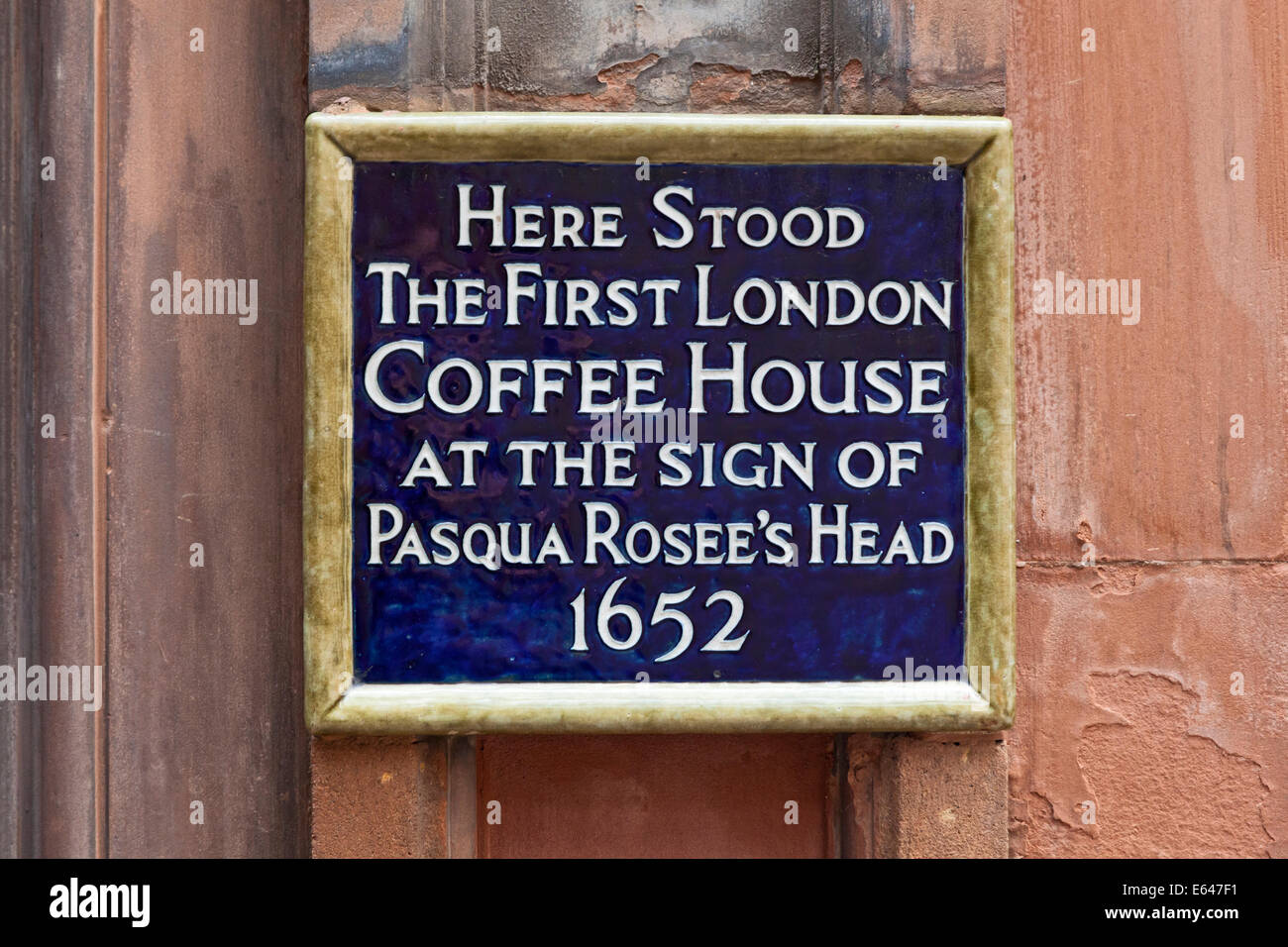 Ville de Londres une plaque à St Michael's Alley marquant le site de London's premier coffee house Banque D'Images