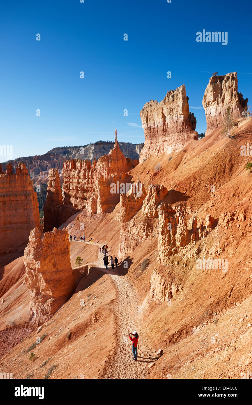 Les touristes marchent le long d'un sentier à Bryce Canyon. Utah, États-Unis. Banque D'Images