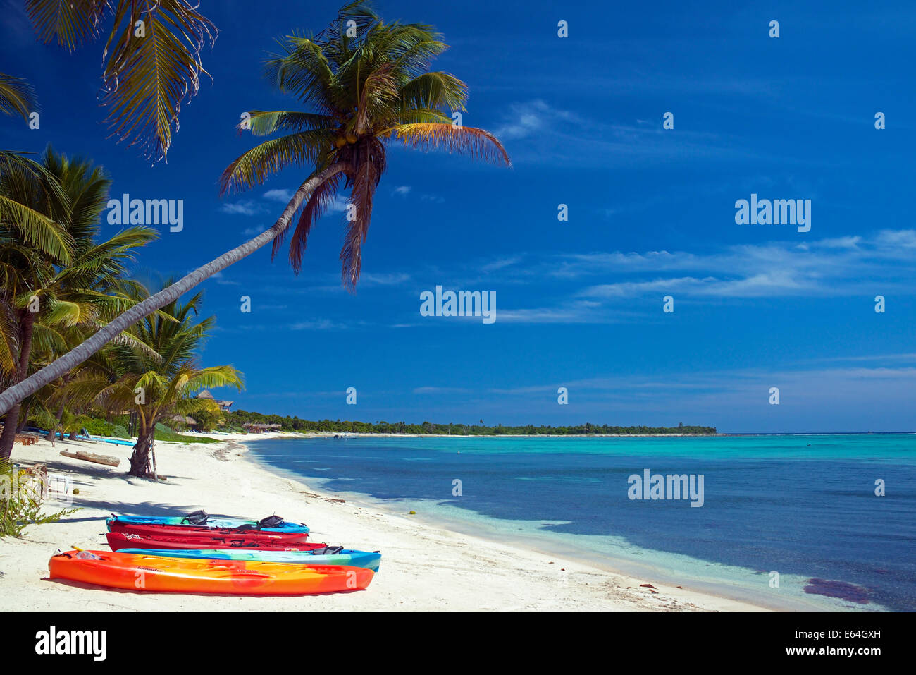 Kayaks palmier et plage Soliman Bay près de Tulum Mexique Yucatan Banque D'Images