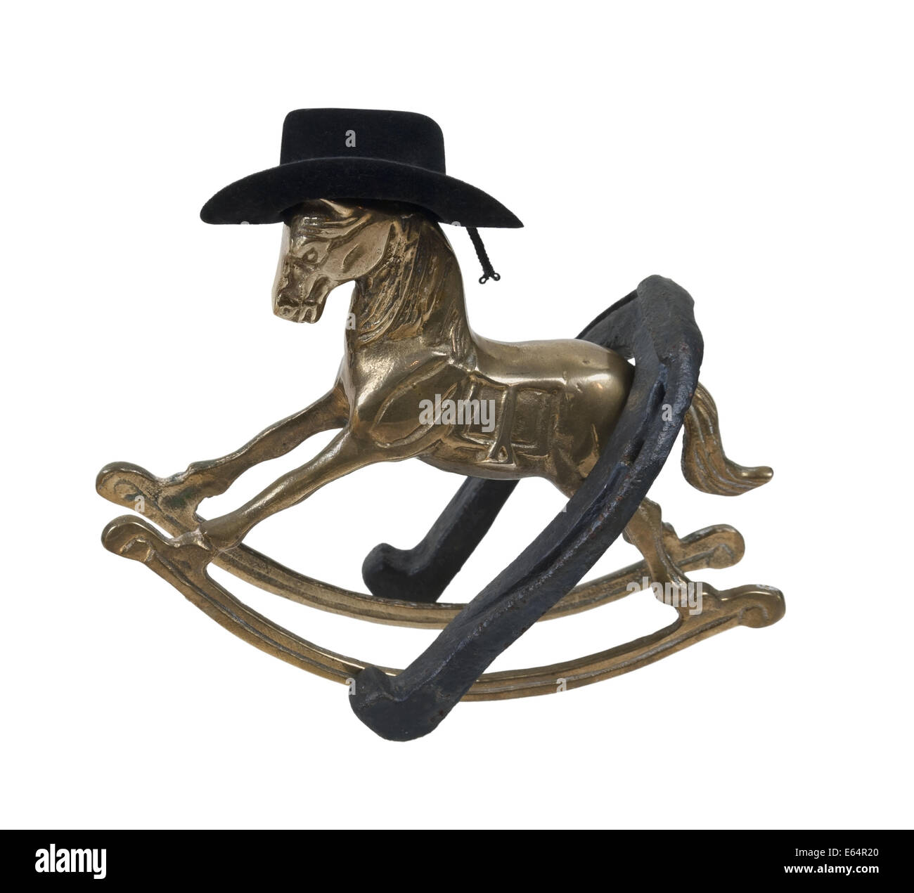 Cheval à bascule en laiton avec chapeau de cowboy et chemin de fer à cheval - inclus Banque D'Images