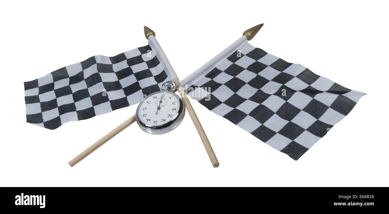 Chronomètre d'argent sur les drapeaux à damier - chemin inclus Banque D'Images