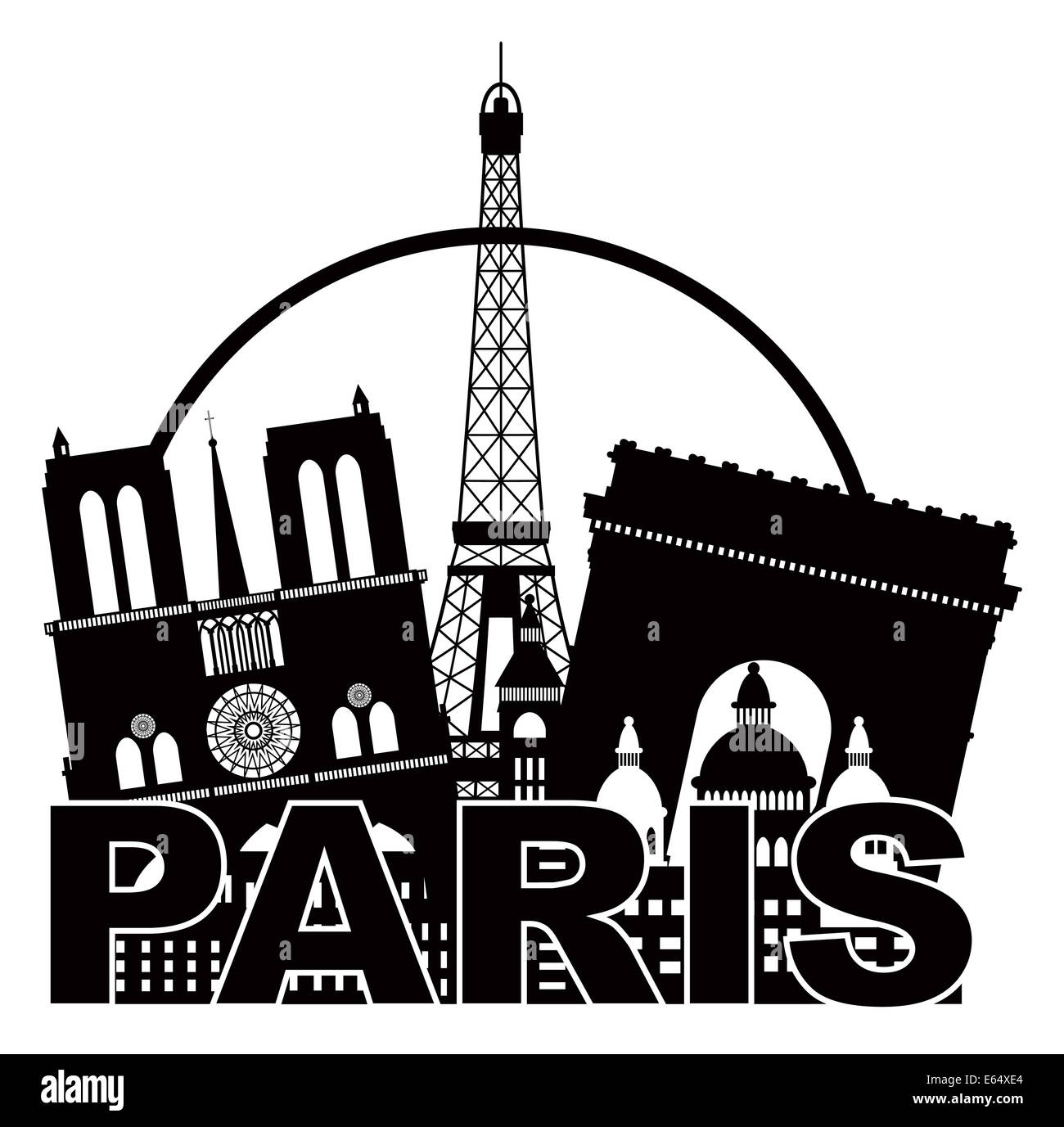 Paris France Ville Silhouette Contour noir dans isolated on White Background Illustration Panorama Banque D'Images