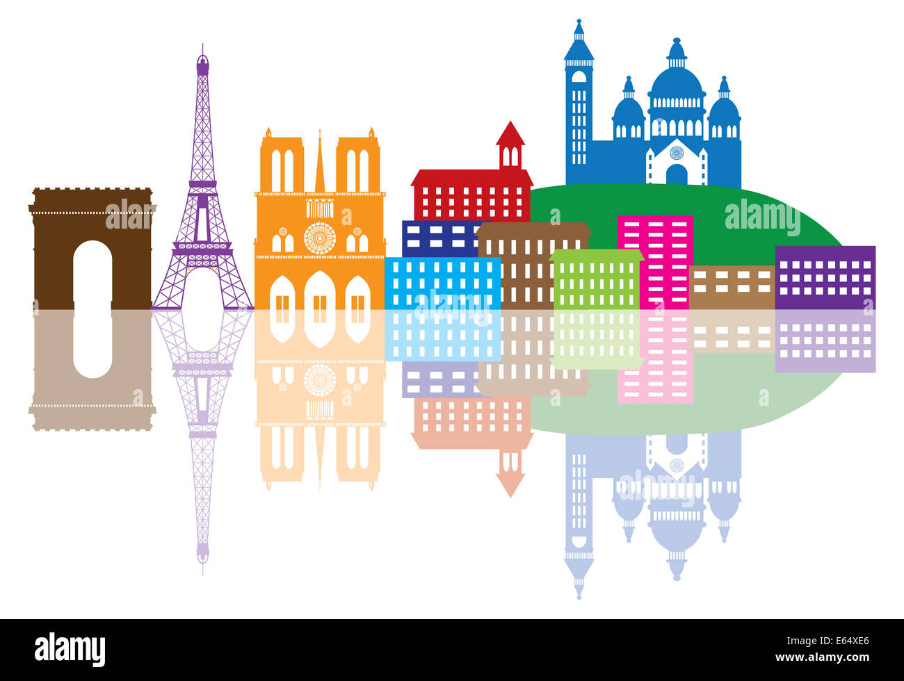Paris France Ville Silhouette Contour couleur avec réflexion isolé sur fond blanc Illustration Panorama Banque D'Images