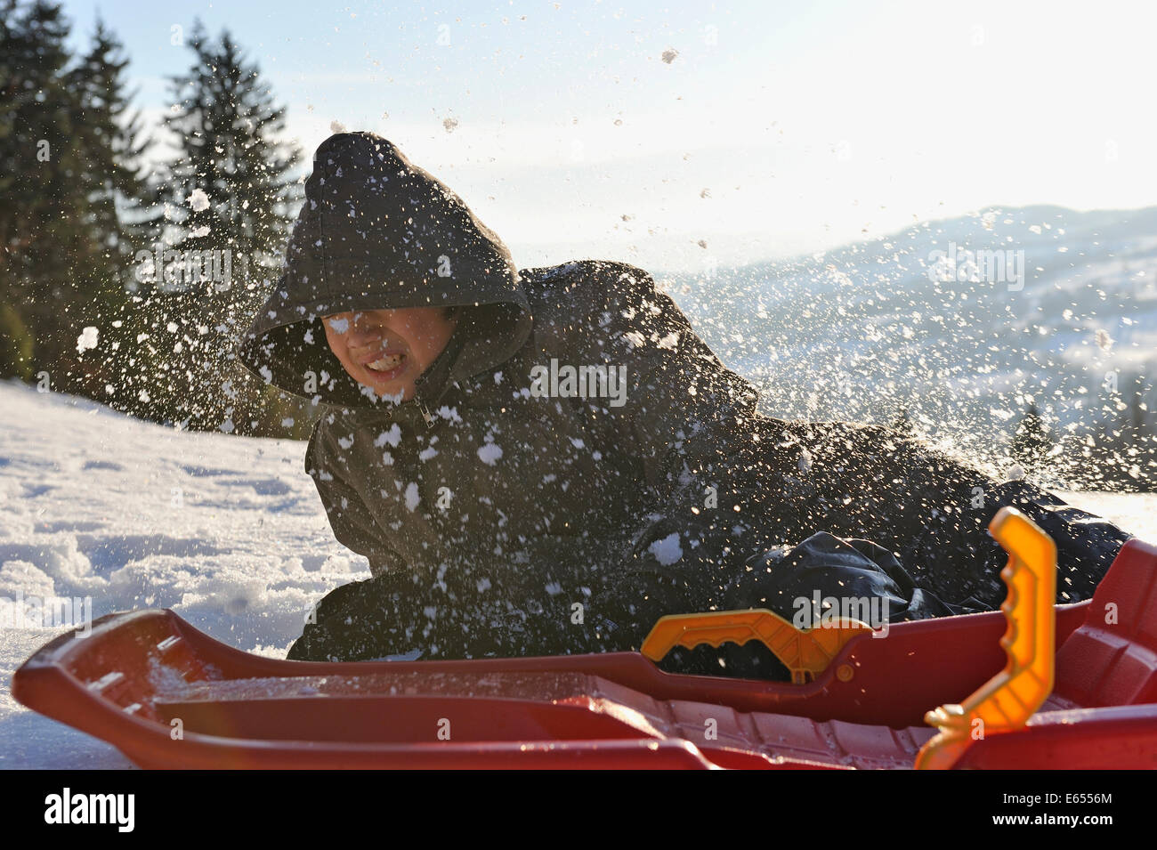 Teenage boy tomber de son traîneau sur la neige dans un paysage d'hiver Banque D'Images