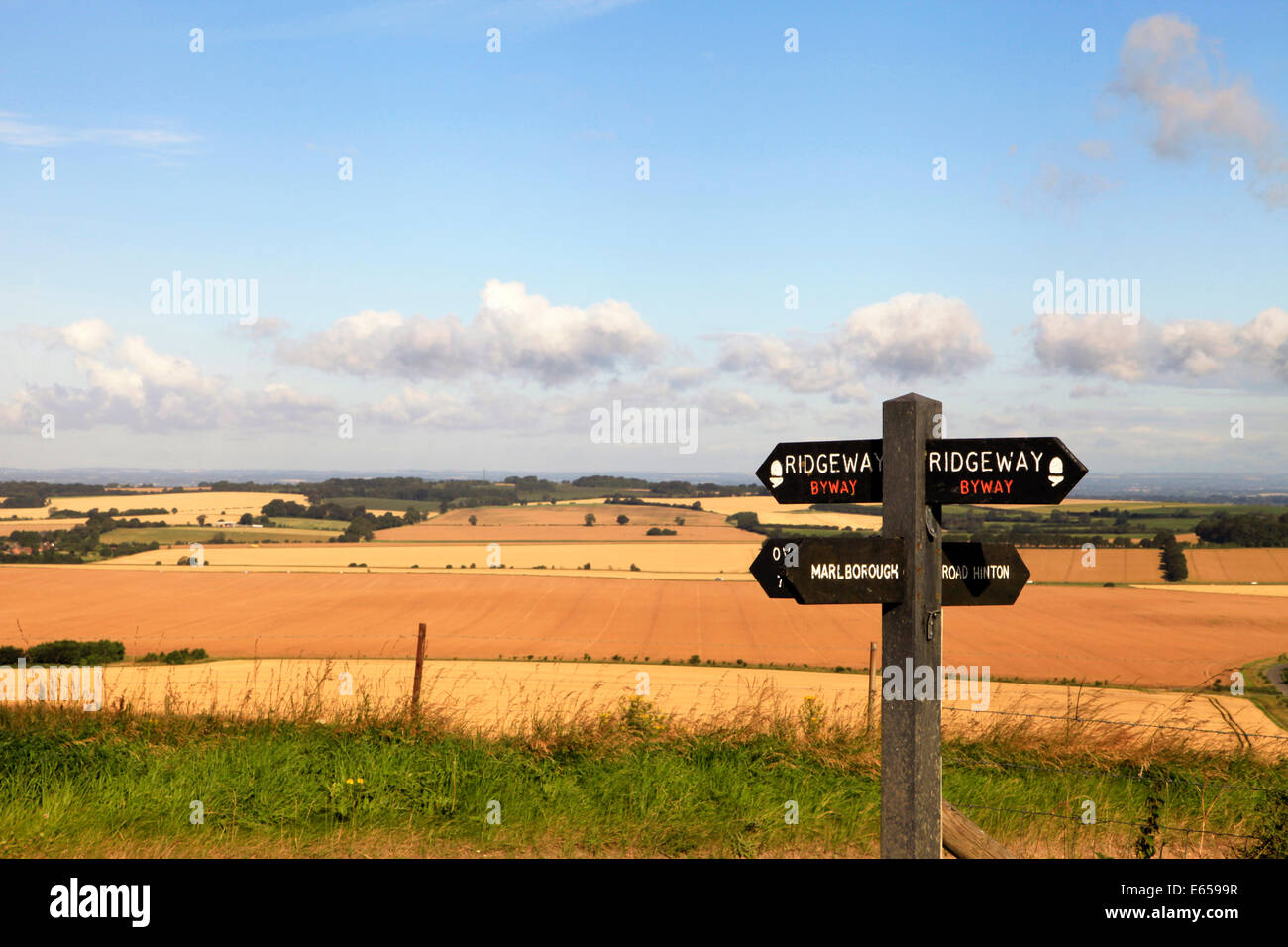 Un waymarker sur le chemin de Ridgeway à Hackpen Hill, sur la Marlborough Downs dans le Wiltshire, Angleterre. Banque D'Images