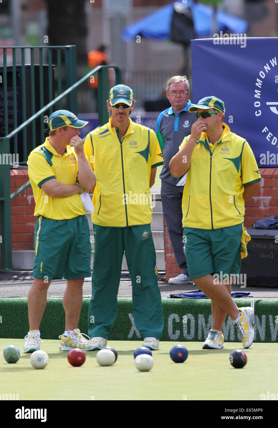 Wayne Ruediger, Nathan Rice & Brett Wilkie de l'Australie v l'Inde dans le match pour la médaille de bronze dans la région de mens fours, Boulingrin Kelvingrove Banque D'Images