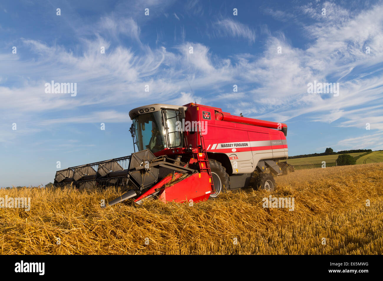 La récolte d'été ayant lieu sous un ciel bleu du soir à Skeeby Nr Richmond North Yorkshire UK sur St Swithin's Day 15 Juillet 2014 Banque D'Images