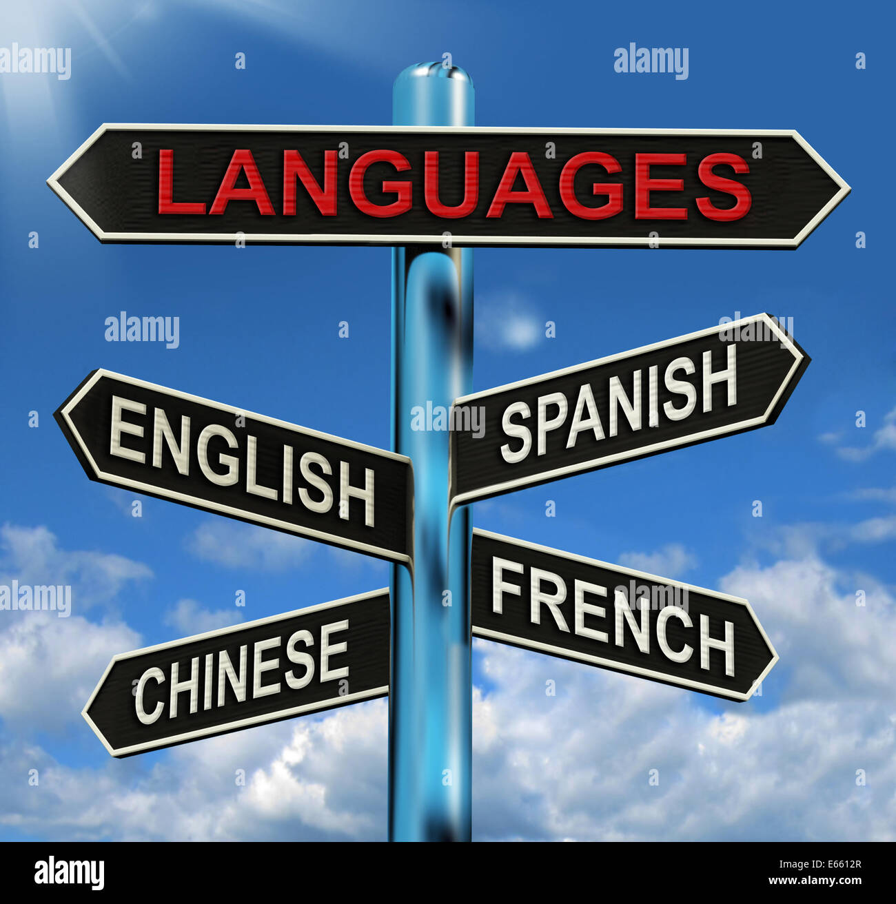 Sens d'orientation Langues Anglais Chinois Espagnol et Français Banque D'Images