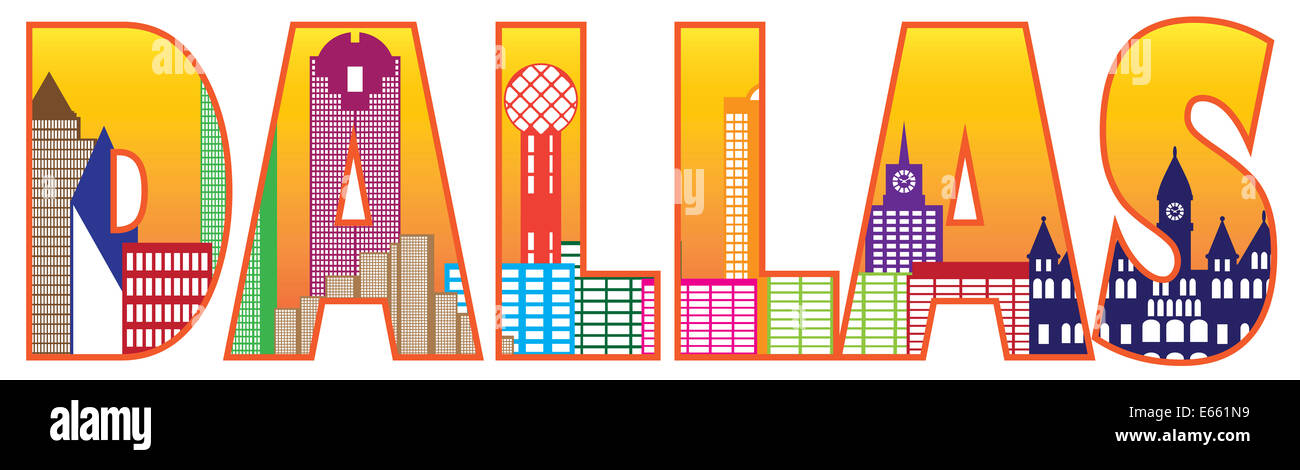 Dallas Texas City Skyline Silhouette couleur de contour de texte isolé sur fond blanc Illustration Banque D'Images