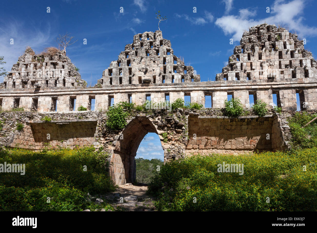 Arch dans la maison des colombes à Uxmal, Yucatan, Mexique. Banque D'Images