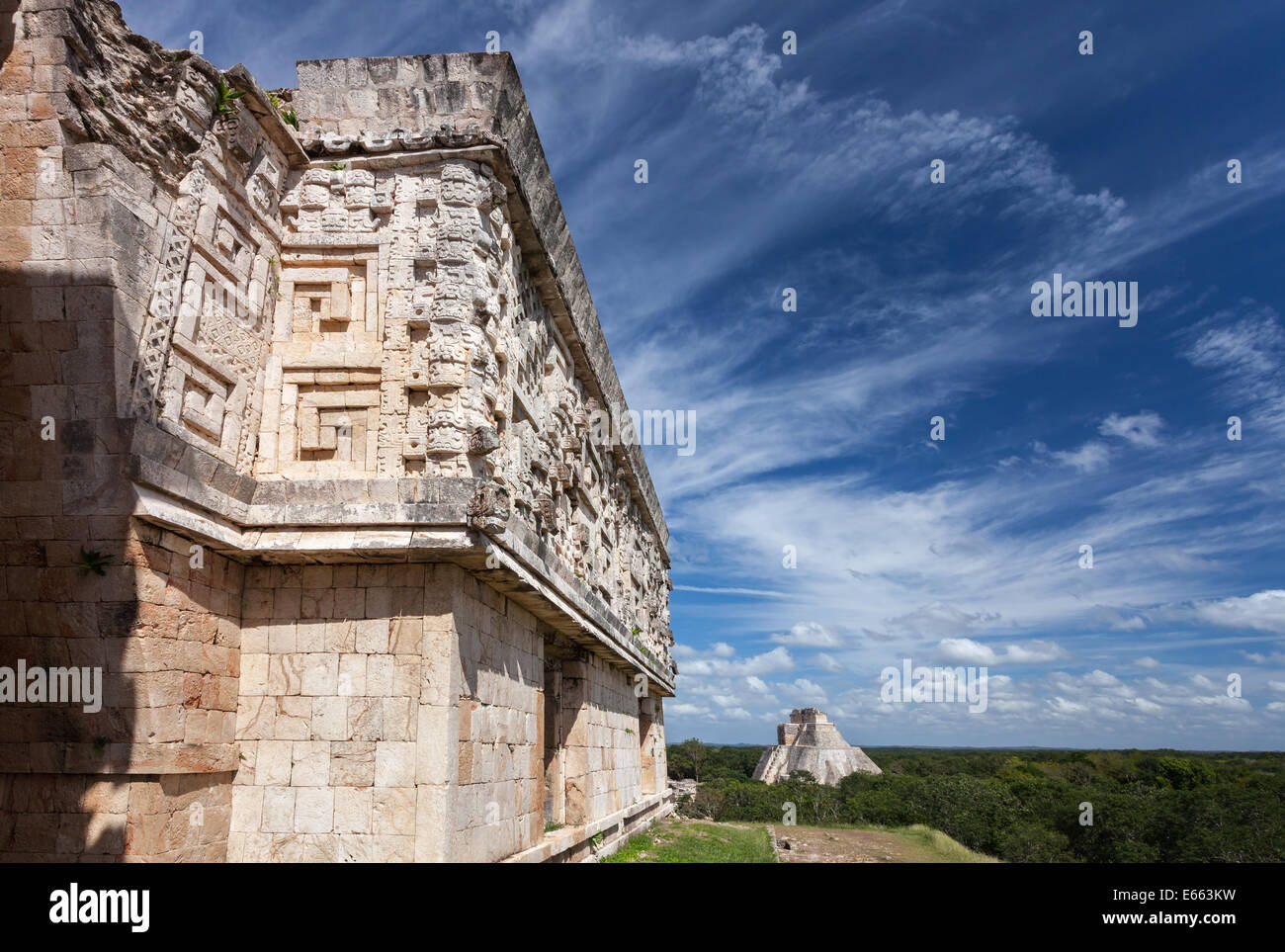 Un mur décoré de la Palais du Gouverneur à Uxmal, Yucatan, Mexique. Banque D'Images