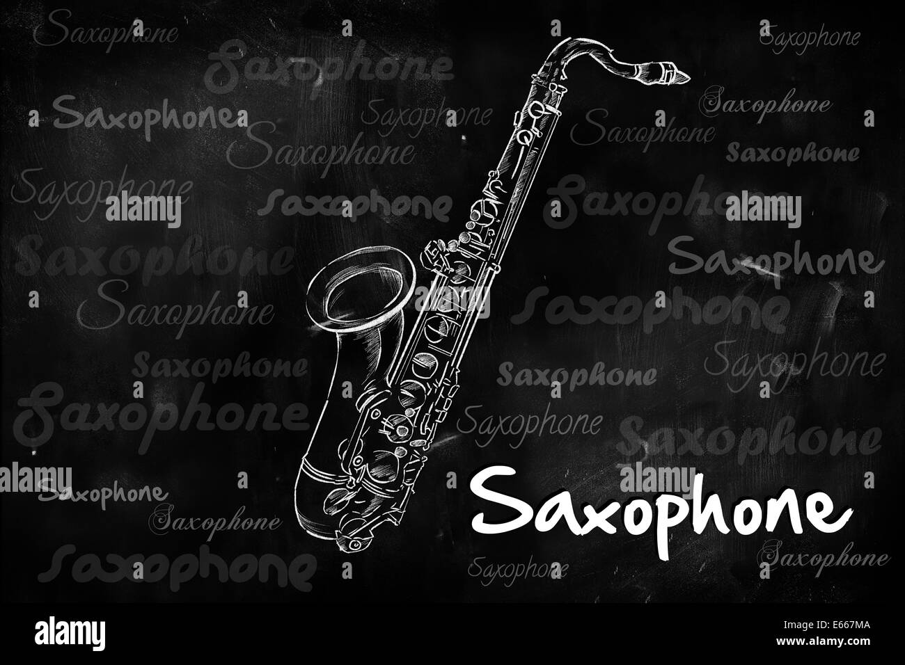 Typographie Saxophone esquisse sur tableau noir peint musique Banque D'Images