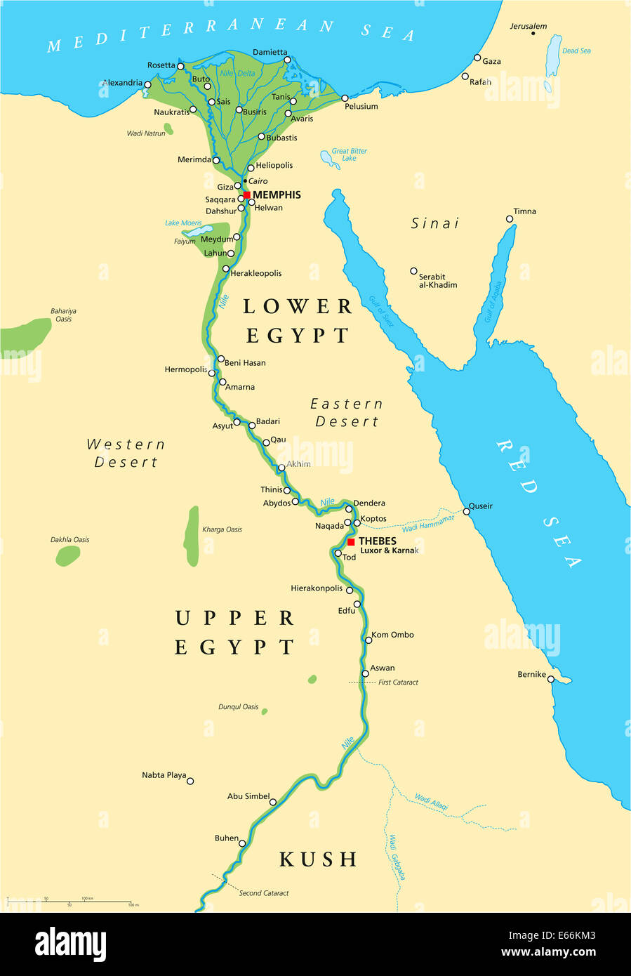 L'Egypte ancienne carte. Carte historique de l'Egypte ancienne avec la plupart des sites importants, avec des rivières et des lacs. L'étiquetage en anglais. Banque D'Images
