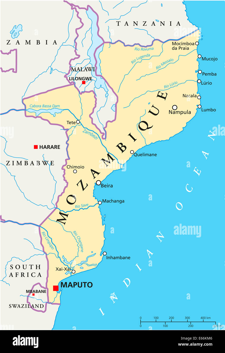 Carte politique du Mozambique Maputo, capitale avec avec les frontières nationales, la plupart des grandes villes, rivières et lacs. L'étiquetage en anglais. Banque D'Images