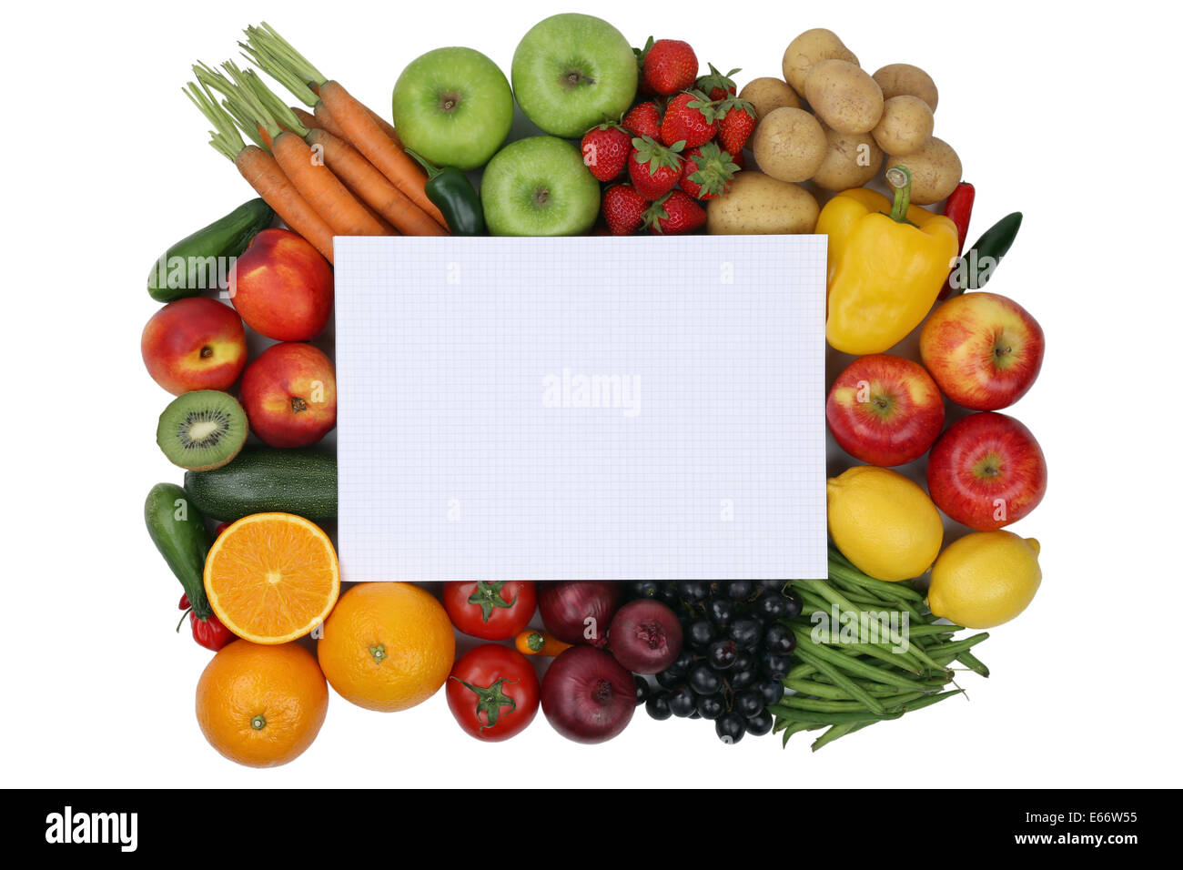 Le bloc-notes avec des fruits et légumes comme les oranges, les pommes et les tomates et copyspace Banque D'Images