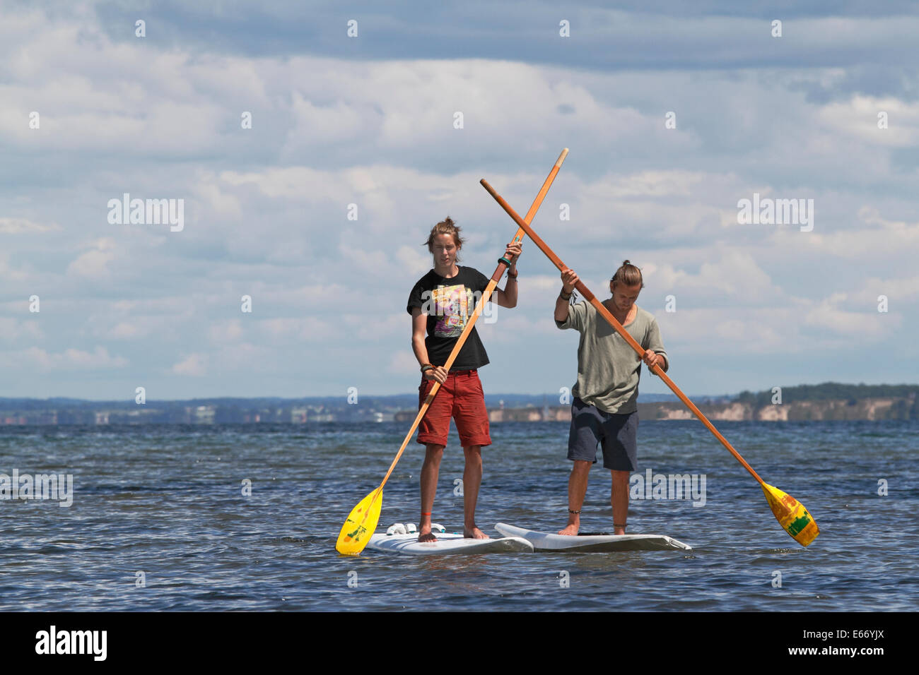 Deux jeunes hommes Stand up Paddling dans le son, l'Oresund, à où acheter, au nord de Copenhague. Contexte L'île suédoise Ven. Banque D'Images