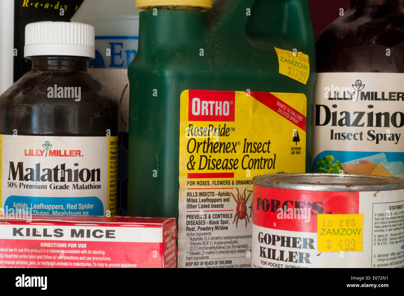 Divers pesticides stockés dans l'ancien abri de jardin Banque D'Images