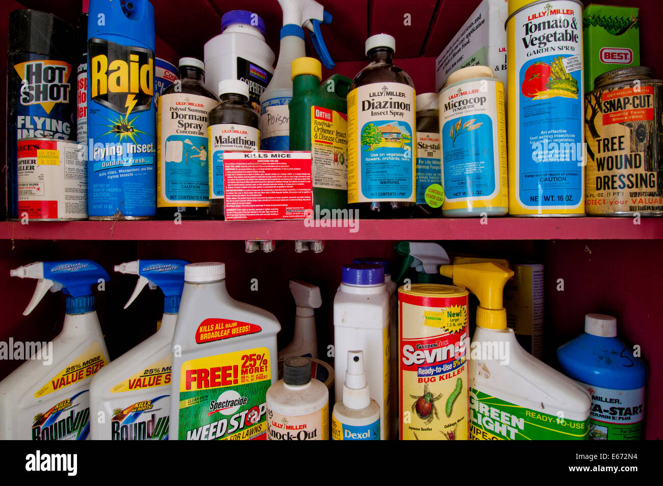 Divers pesticides stockés dans l'ancien abri de jardin Banque D'Images