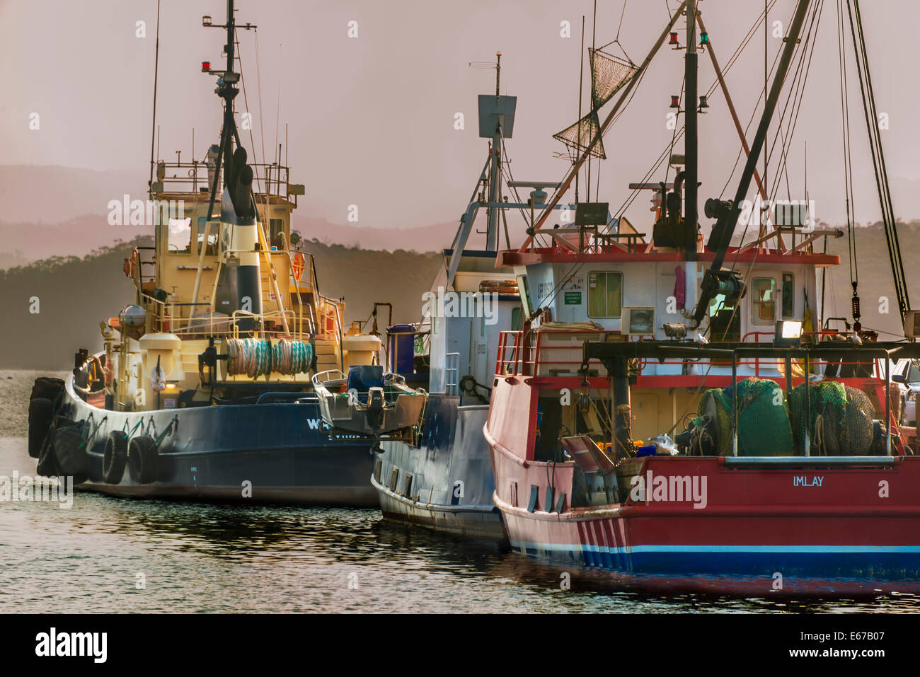 L'après-midi brumeuse de l'atmosphère, la pêche les chalutiers et les bateaux au port de Eden, Eden Côte sud de la Nouvelle-Galles du Sud, Australie Banque D'Images