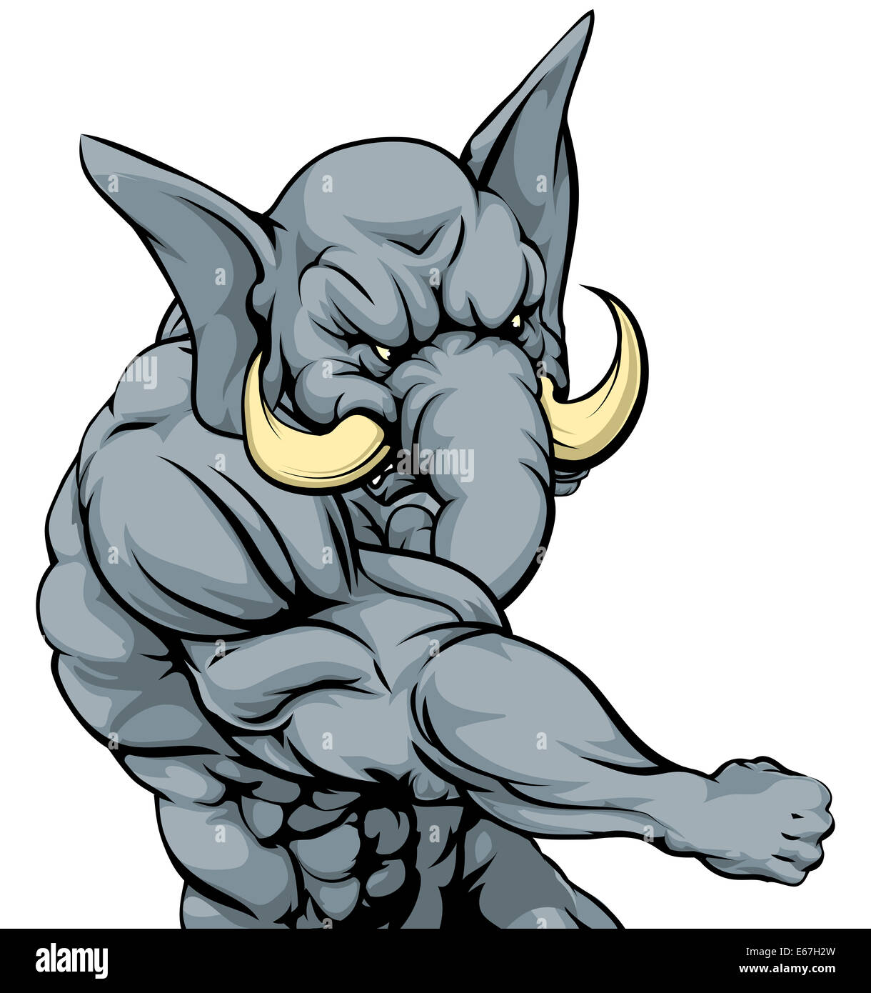 Un personnage mascotte éléphant musculaire sports d'attaque avec un poinçon Banque D'Images